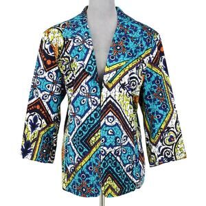 Chicos Jacket 3 Womens XL 16 Blue White Gold Lined Cotton Aztec Art to Wear